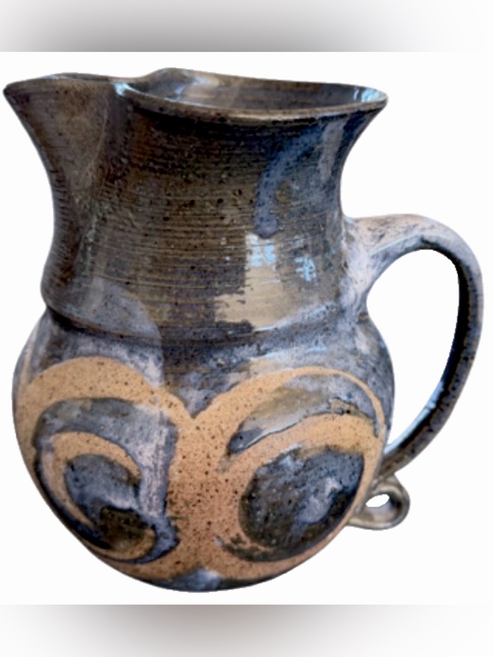 Art Studio Pottery Stoneware Pitcher Blue, Grey, White w/ Tan Swirl 8”H NEW